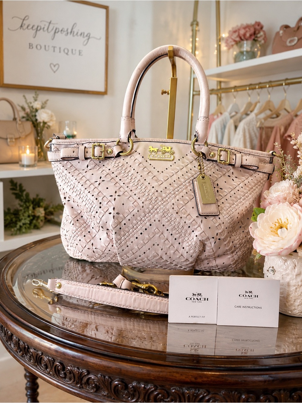 Coach Blush Pink Woven Leather Shoulder Bag with Gold Hardware